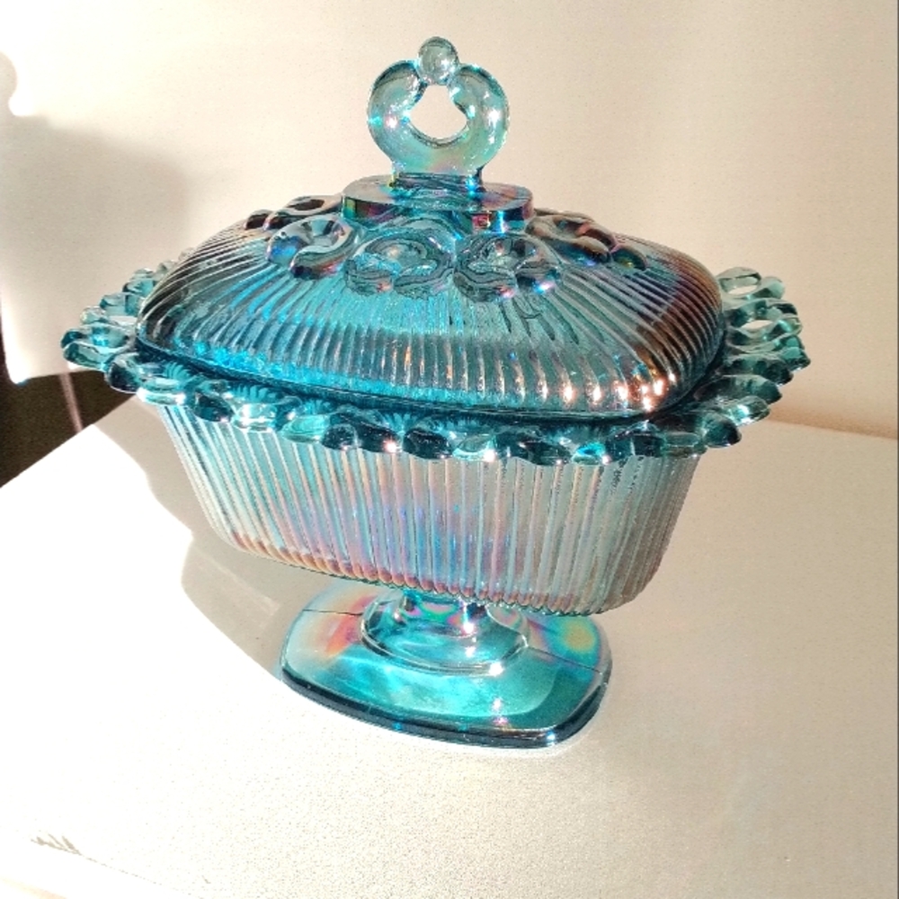 Carnival Indiana Iridescent Blue Glass Candy Dish with Lid - Picture 2 of 12